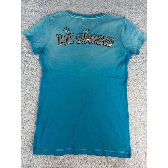 True Religion Womens S Teal Ombre V-Neck Graphic Tee Cotton Casual Style Sequenc - Picture 2 of 11
